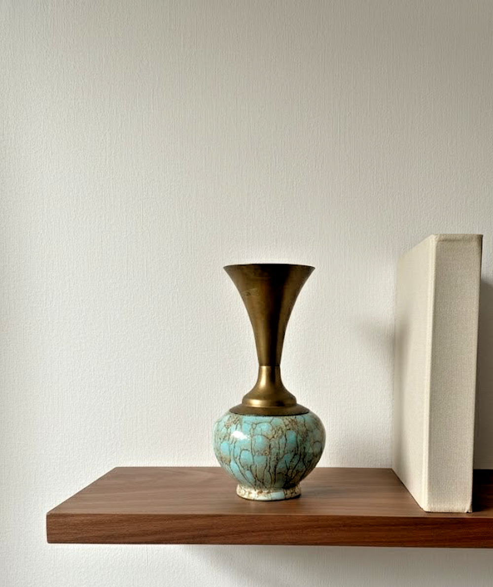 Bud Vase Delft Holland Turquoise Crackle Brass Hand Painted Vintage 1950s MCM